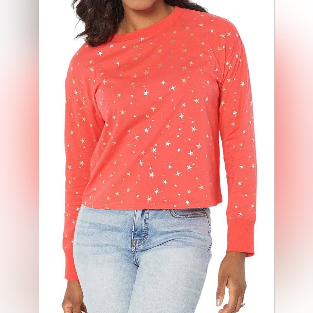 Candace Cameron Bure orange red gold star graphics long sleeve top Med.